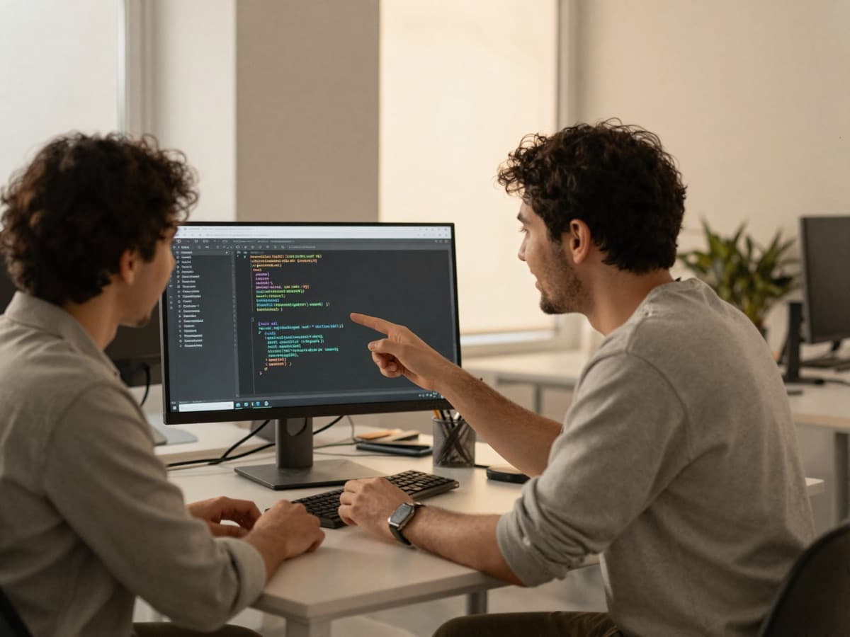 An AI expert pairing with a developer at a screen